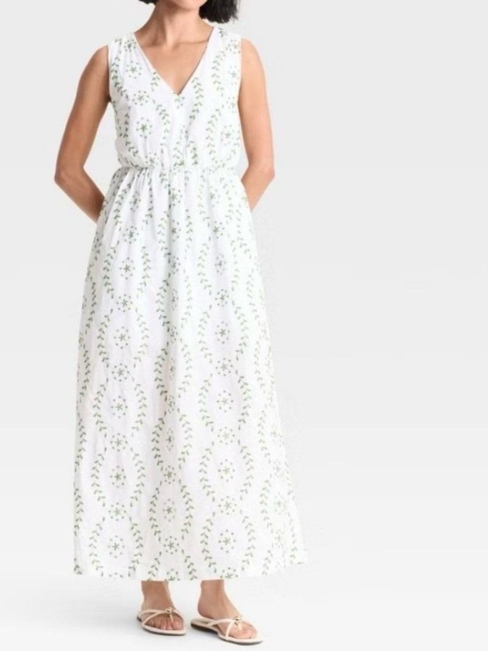 NWOT a new day White Maxi Dress with Green Leaf Print